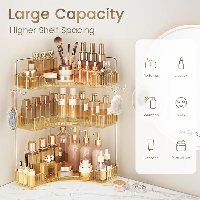 3 Tiers Bathroom Corner Organizer,Bathroom & Kitchen Storage Tray | Storage Countertop with Hooks Skin Care Exquisite Vanity Organizer Countertop Bathroom Storage Dresser, Kitchen-Gold