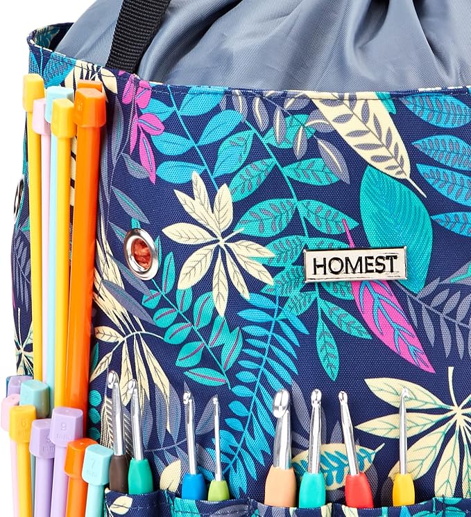 HOMEST Crochet Bag Organizer for Yarn Storage, and Knitting Accessories | Customized front compartment, 6 oversized grommets and drawstring closure for hooks, needles and projects, Floral
