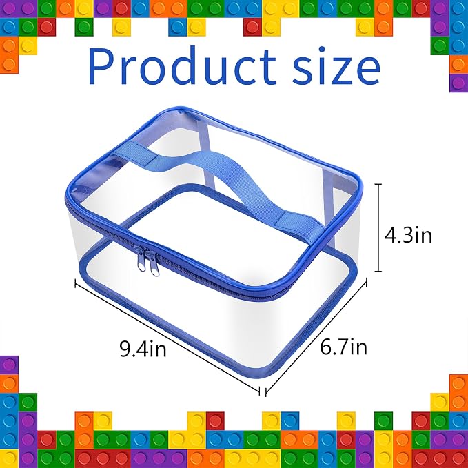 3 Packs Clear Toy Storage Bags, Waterproof Toy Storage Organizer Pouch | 9"x 7"x 4" Transparent PVC Toy Organizing Bags with Zipper for Building Blocks Small Toys (Blue)