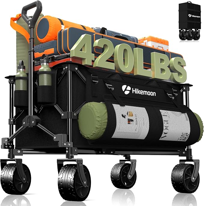 HIKEMOON 150L Collapsible Wagon Compact with Big Wheels, 420LBS Black | Wagons Carts Foldable, Heavy Duty, Portable, All-Terrain, Utility Folding Cart for Shopping/Beach/Garden/Camping/Sports