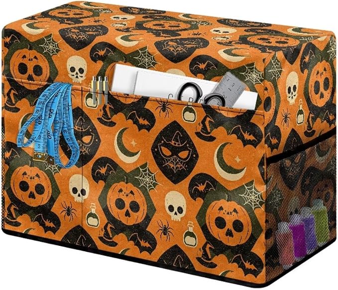 Sewing Machine Cover,Halloween Skull Pumpkin Print,Orange | Dust & Pet Hair Protection,Fits Standard Singer, Brother and Janome Machines, Protecting & Decorating Your Sewing Space