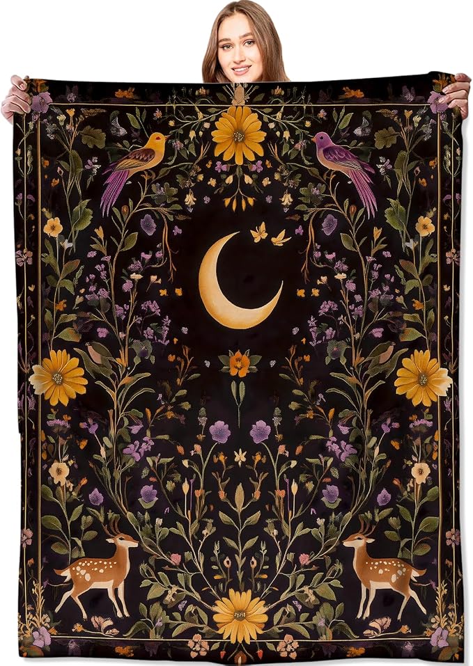 Mystical Moon and Deer Blanket Enchanting Floral Throw Blankets,Birthday Gifts for Kids Girls Women,Lightweight Soft Fleece,Nature Lovers,Sofa Couch Bed Room Modern Decor 50x60in
