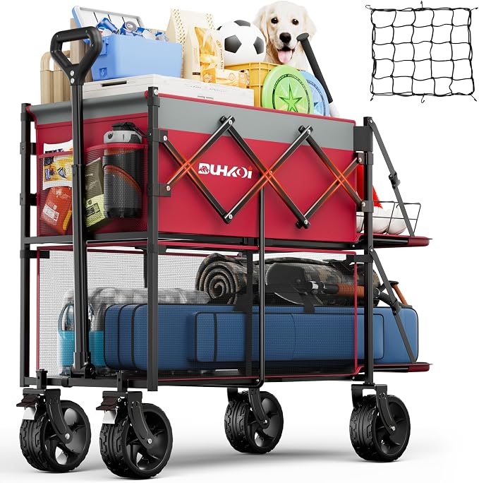 Double Decker Collapsible Wagon with Brakes,Compact with Tailgate | Big All-Terrain Wheels , 2-Tier for Camping Gear, Sports, Groceries, Shopping, Garden & Outdoor Use