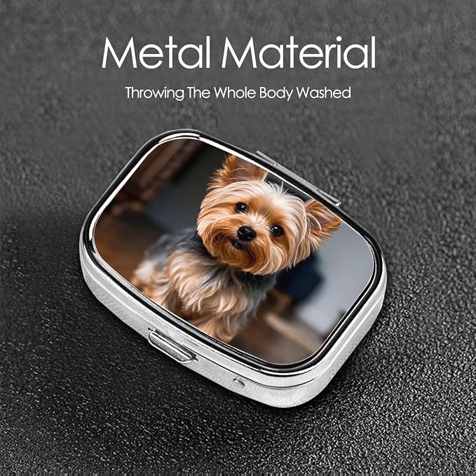 Pill Box with Mirror 2 Compartment Cute Pet Yorkie Small Pill Case for Purse Or Pocket Mini Metal Pill Holder Travel Weekly Medicine Tablet Vitamin Holder Organizer Travel Gifts