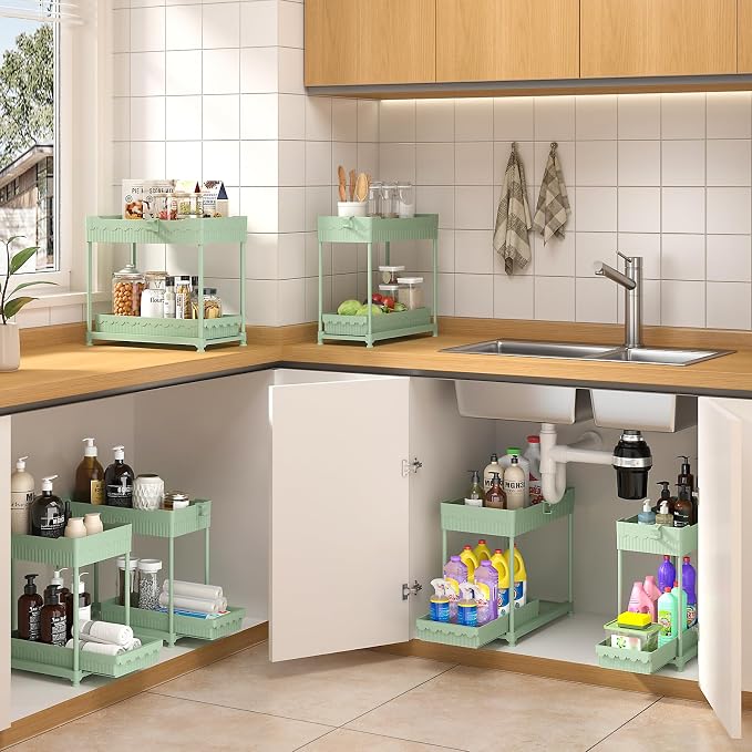 4-Pack 2-Tier Under Sink Organizer with Pull Out Drawers | Multi-use kitchen & bathroom storage. Includes hanging hooks and cups. Green, space-saving cabinet design. 12.8 Inch