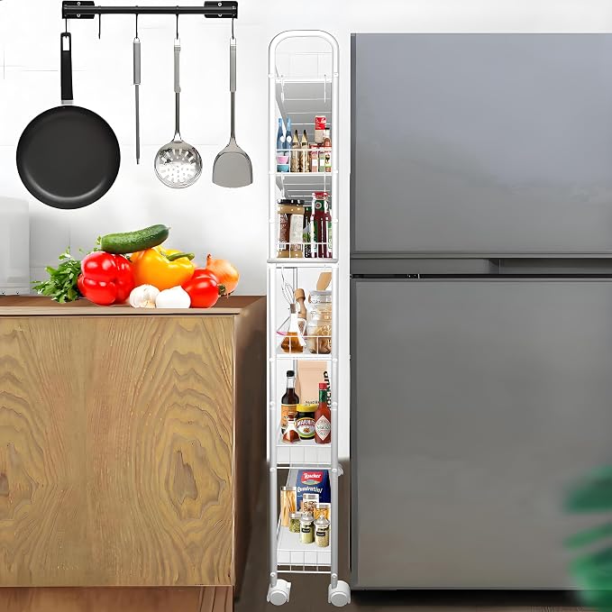 6in 6 Tier Slim Storage Cart with Wheels,Narrow Space Rolling Shelving Unit with Handle, Metal Wire Mobile Organizer Rack for Kitchen Bathroom Office Laundry