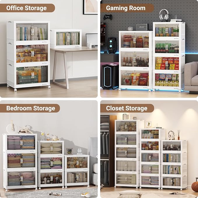BROVIEW 320Qt Stackable Storage Bins with Lid for Home Dorm, 4Pack White | Closet Organizers, Foldable & Collapsible Cabinets, Large Containers, Wheels & Magnetic Doors, Plastic Drawers for School