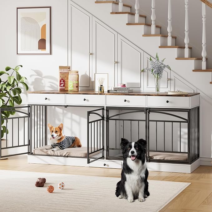IDEALHOUSE 78.7" Double Dog Crate Furniture with Storage and 4 Doors, White | Dog Kennel Indoor with Feeding Bowls, Wood Dog Crate TV Stand for Small Medium Dogs