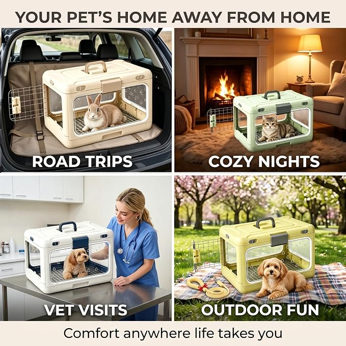 Foldable Hard Cat Carrier, Transparent Pet Crate for Cats & Small Dogs, Collapsible Travel Kennel with Ventilation & Urine Pad Mesh Grid, Portable Travel cage, Essential for pet Travel, Apricot