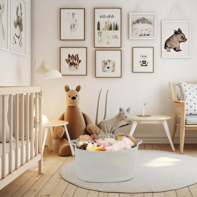 XUANGUO Large Rectangle Woven Cotton Rope Blanket Basket 22"x17"x12" Gray | Storage basket for nursery and living room; toy basket for kids, dog toy storage, or laundry basket for clothes and towels.