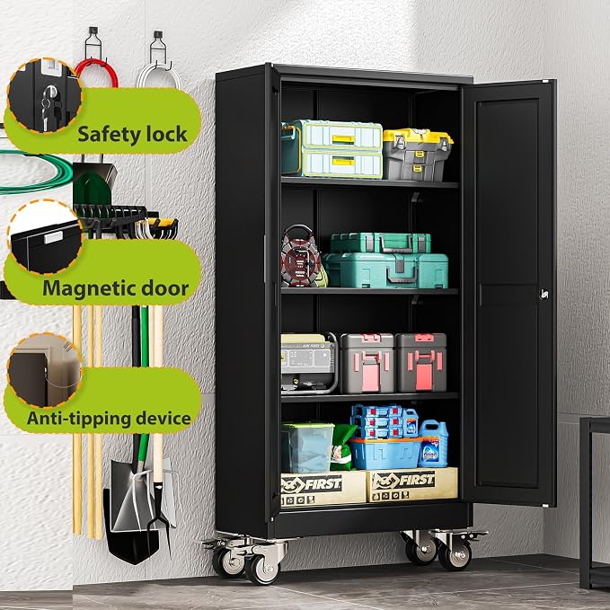 61-Inch Metal Garage Storage Cabinet with Wheels, Locking Doors and Shelves | 3 Adjustable Shelves, Locking Doors, Magnetic Closure, 360° Casters, Anti-Tip Kit, Cold-Rolled Steel