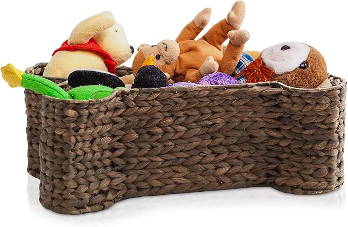 Casafield Dog Bone Shaped Storage Basket - Espresso, Large Woven Water Hyacinth Pet Toy Organizer Bin