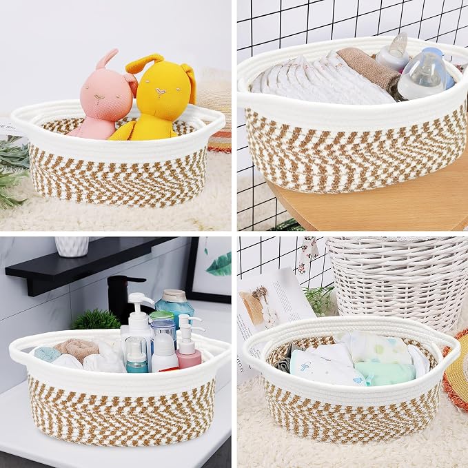 ABenkle Small Basket with Handles, Boho Decorative Rope Woven Dog Cat Toy Storage Bin Shelf Storage Organizer, Easter Christmas Gift Basket, 12"x8"x5"