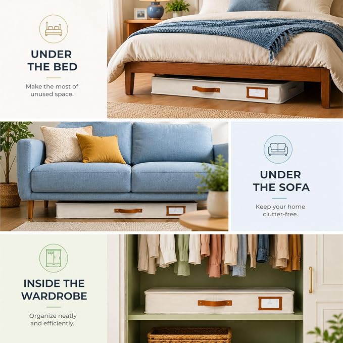 HOMELUX THEORY Under Bed Storage, Large 2pc with Lid, Ivory | Drawer-style pull-out design, Fits blankets, clothes, fabric & shoes, Bins with lids, Bedroom & closet storage