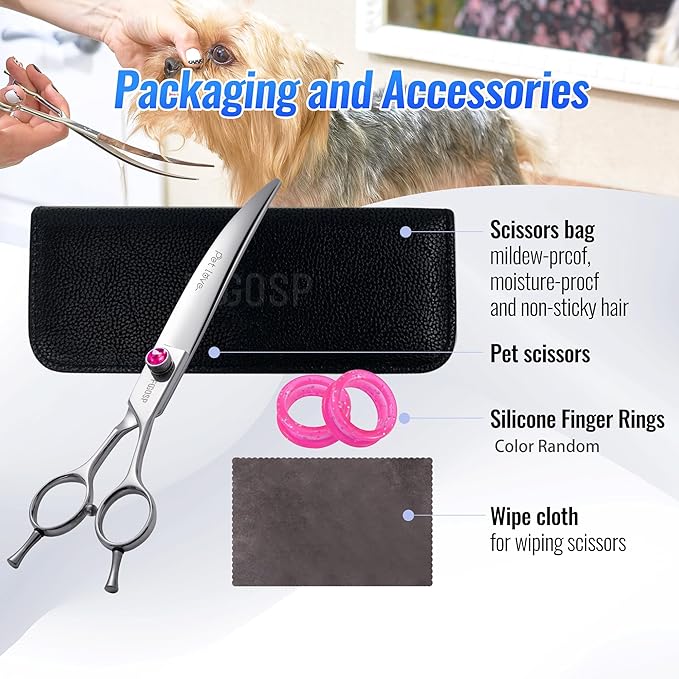 Curved Scissors for Dog Grooming Professional 8 inch Long Downward Curved Shears for Poodle Large Dogs Pet 30°Japanese 440C Stainless Steel Right Handed(8.0'',Curved)