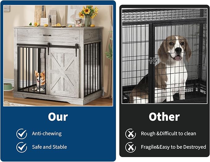 GarveeHome Dog Crate Furniture, 37.8" Large Dog Kennel Indoor, Wooden Kennel Table with Sliding Barn Door and Storage Drawer, Indoor Dog House for Large/Medium/Small Dogs