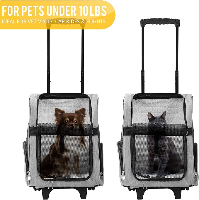 Deluxe Backpack Pet Travel Carrier with Double Wheels for Pets up to 10 Pounds - Black - Approved by Most Airlines
