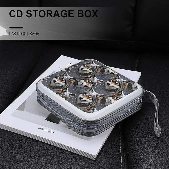 Protective DVD Case Holder Wolf, 40-Capacity Hard Plastic Binder with Zipper, Portable CD Organizer for Car Home