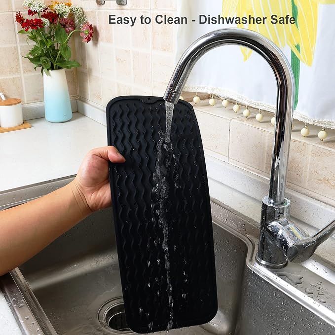 ZLR Small Dish Drying Mat for Kitchen Counter, 6"x17", 2-Pack, Black | Narrow Silicone Drainer for Apartment, Dorm & RV, Wavy Ridges Quick-Dry, Non-Slip, Rolls Up, Dishwasher Safe