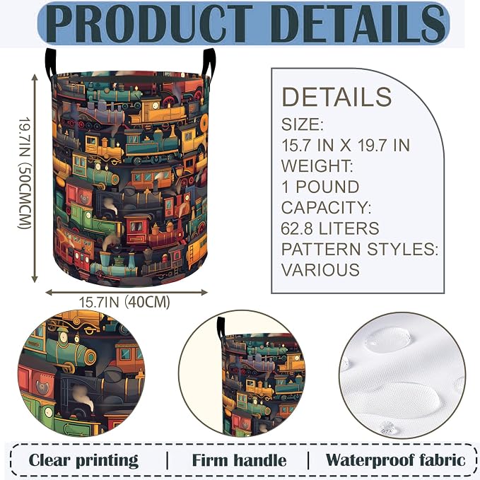 Train Laundry Basket Hamper 19.7"x15.8", Steam Train Foldable Waterproof Oxford Clothes Storage Bucket for Room Bathroom Bedroom Nursery Decor, Toy Organizer Bins Gifts for Kids Boys Girls