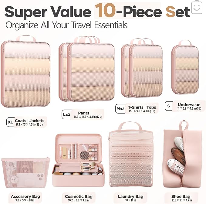 Veken 10 Set Compression Packing Cubes Garment Bags for Travel Essentials,Compressible Expandable Luggage Organizer Bags for Clothing,Space Saver Bags with Over 1000 pcs of Mesh Holes(Beige)