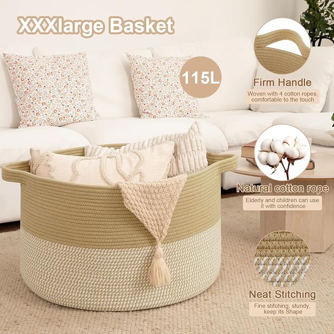OIAHOMY 115L Extra Large Blanket Basket for Living Room, 23.6" x 15.4" Woven Cotton Rope Laundry Basket for Organizing Pillows, Decorative Stuffed Animal Toy Storage for Nursery, Jute and White