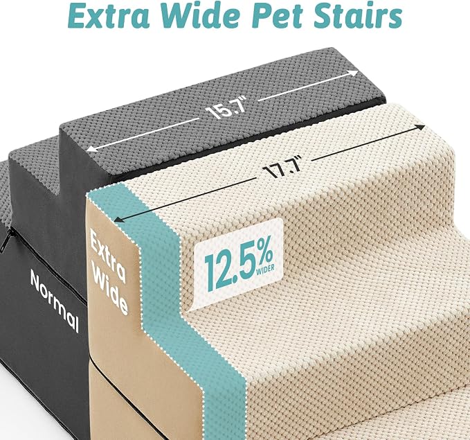 COZY KISS Dog Stairs for Small Dogs, 4 Step Pet Stairs for Beds & Couches | 17.7" H Wider Non-Slip Dog Steps with Removable Tiers & Support Board for Puppies, Older Cats & Dogs, Beige