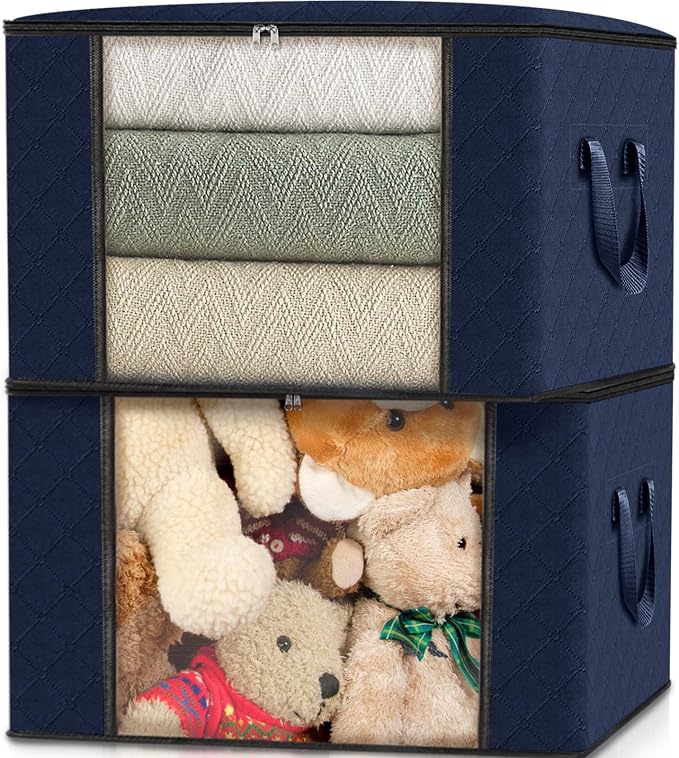 4 Pack Storage Bags for Clothes Blanket Storage Bins with Lids | Foldable Closet Organizers with Zippers,Window and Handles,Fabric Storage Bins for Sweater,Comforter,Bedding,Dorm essentials