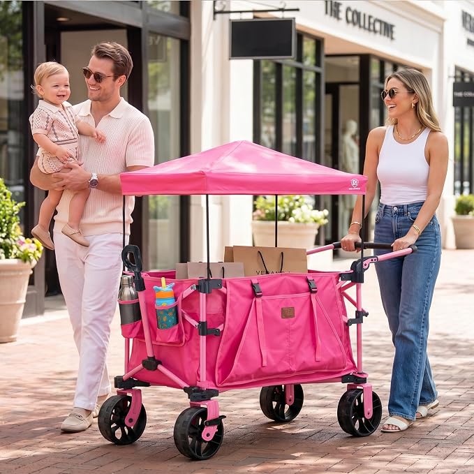 EVER ADVANCED Folding Push Wagon with Canopy, Shopping Cart with Brakes | Portable Collapsible Wagon Cart with All-Terrain Big Wheels for Camping, Beach, Sports
