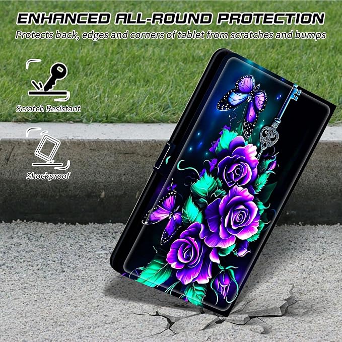 Universal Case for T-Mobile Revvl Tab 2 10.1" Model:9185W 2025/Revvl Tab 5G 10.36" 2023, 360 Degree Rotating Kickstand Protective Stand Leather Shell Cover for 9"-10.5", Purple Roses 02
