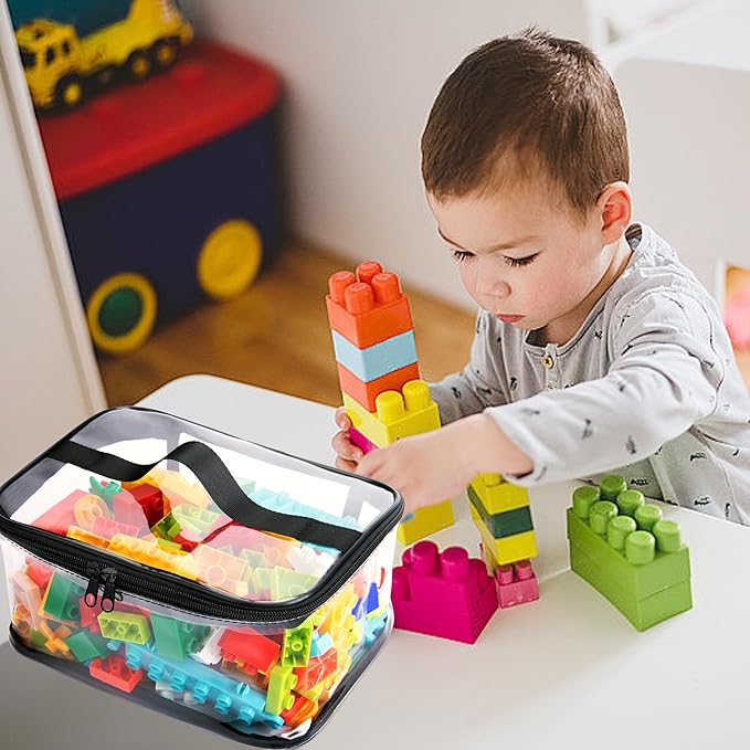 4 Packs Clear Toy Storage Bag, Waterproof PVC Toy Organized Bag with Zipper | 9"x 7"x 4" Transparent Toy Storage Organizer Pouch for Building Blocks Small Toys (Black)