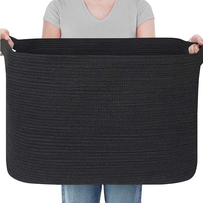 108L Extra Large Storage Basket, 25" x 16" x 16" Black Blanket Basket Living Room, Oversized Cotton Rope Blanket Storage, Woven Kids Dog Toy Bin Box Organizer, Laundry Shoes Towel Bin, Black