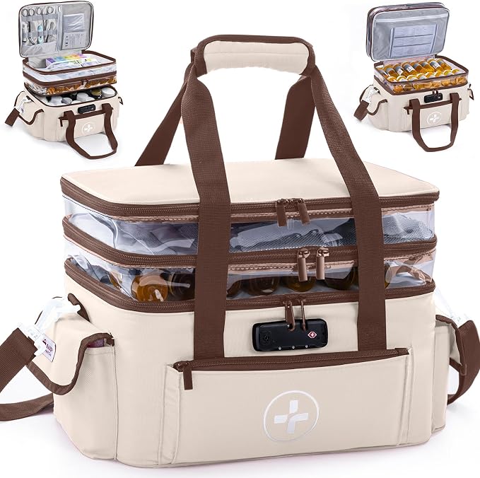 BAGSFY 3-Tier Medicine Organizer with Combination Lock – Large Medicine Bag, Empty First Aid Kit Case, Pill Bottle Medical Supply Organizer, Travel Prescription Bag, Medication Storage Container