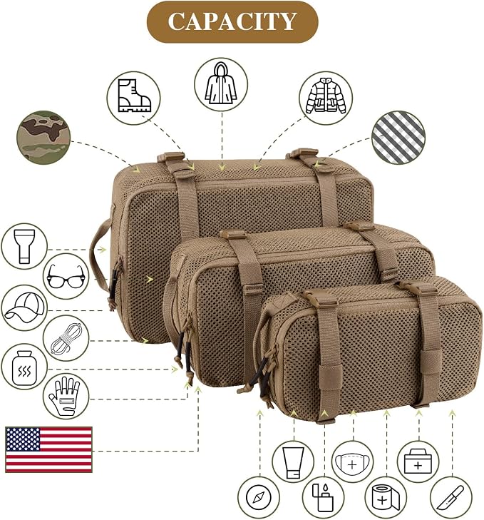 3 PCS Tactical Modular Packing Cubes, Large Capacity Mesh Storage Bag,Outdoor Travel Organize Storage Pouches Bags.