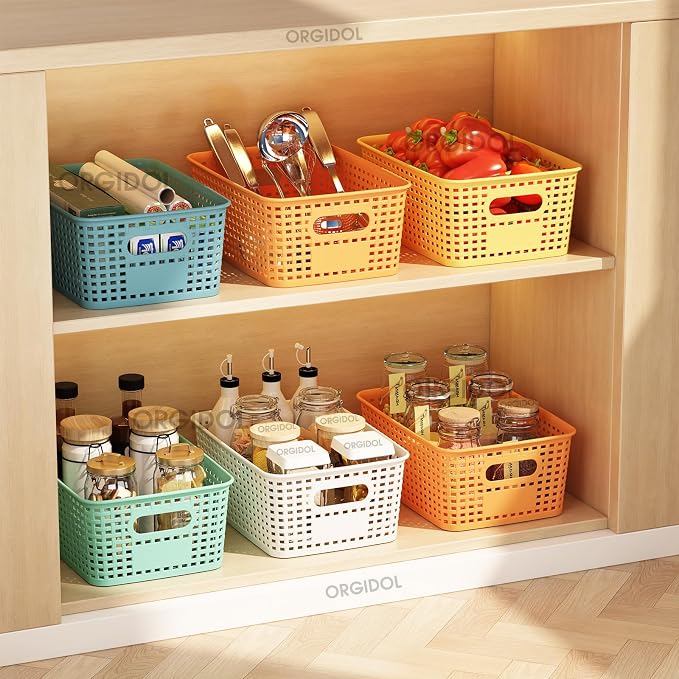 ORGIDOL Plastic Storage Basket with Lids 10 Pack Stackable Colorful Storage Bins Containers with Lid, Decorative Storage Boxes for Organizing Shelves, Drawers, Playroom, Classroom, Office, Closet