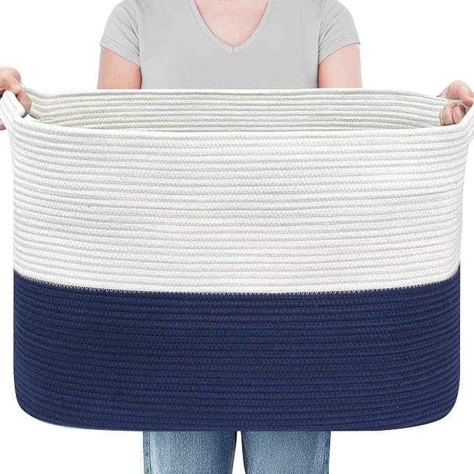 MEGASKET 108L Super Large Blanket Basket, 25" x 16" x 16" Jumbo Rectangle Basket for Blankets Living Room, Woven Cotton Rope Pillow Holder Organizer, Oversized Kids Dog Toy Storage Bin Box, Dark Blue