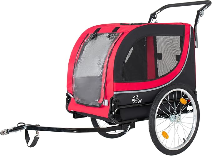 2-in-1 Bike Trailer & Pet Stroller for Dogs up to 100lbs– Foldable Pet Carrier Cart with Two 8'' Front Caster & 20'' Quick Release Air-Filled Wheels, Breathable Mesh and PVC Rain Cover, Red