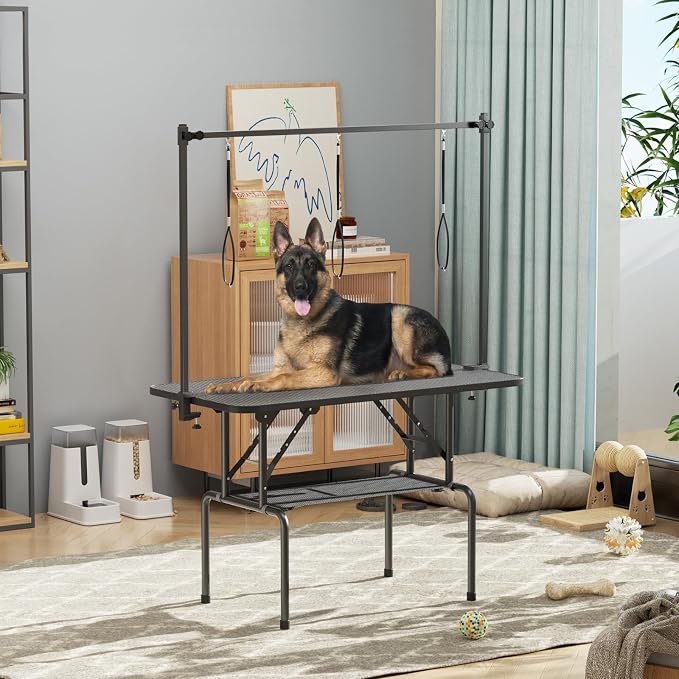 ROOMTEC 46 Inch Dog Grooming Table,Foldable Pet Grooming Tables at Home with Adjustable Arm,Nooses, Mesh Tray