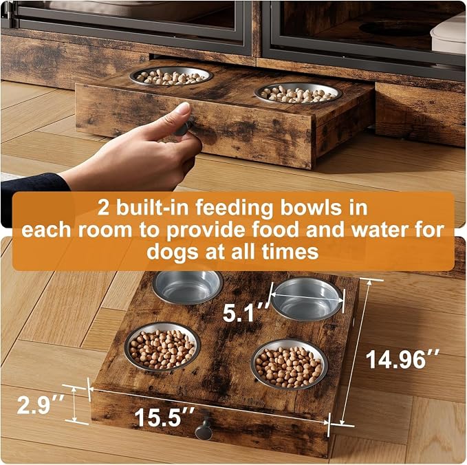 Dog Crate Furniture for 2 Dogs, Double Dog Crate TV Stand, Brown | 78.7'' Large Dog Kennel Indoor, 4 Storage Drawers and Feeding Bowls, Pet Kennel for Small and Medium Dogs
