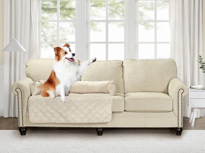 Brilliant Sunshine Beige Natural Velvet Dog Sofa Slipcover, Large | Calming Pet Couch Bed with Removable & Washable Cover, Funiture Protector & Bed Mat for Dogs, Pets, Cats, 42"×32"×8"