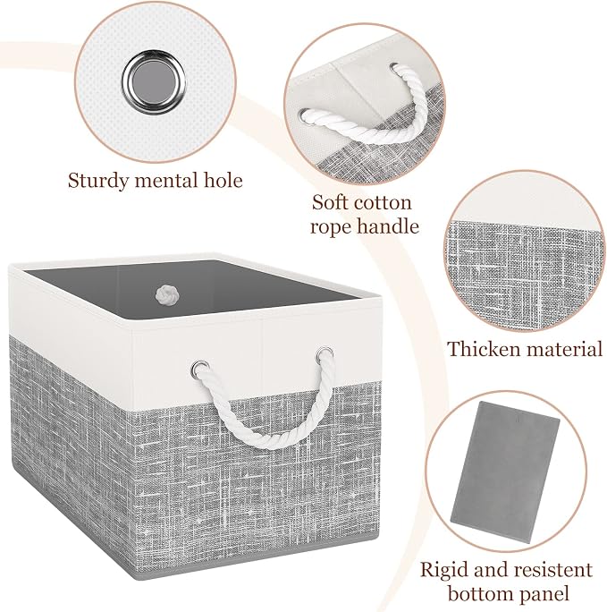 StorageTastic Storage Bin,Collapsible Storage Basket For Organizing,Large Storage Boxes With Rope Handles,Storage Containers,White & Grey,2 Pack