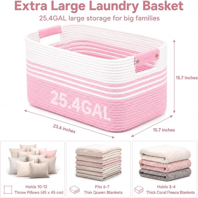 25.4GAL Collapsible Cotton Rope Extra Large Storage Basket For Bedroom Closet, Boho Rectangular Big Short Hamper Woven Storage Baskets for Living Room Throw Pillows Blankets Dirty Clothes,White Pink