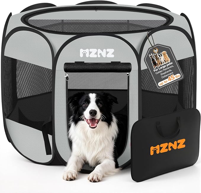 Dog Cat Small Animal Puppy Playpen Crate, Large, Whole Grey | Portable Pop Up Pet Cage Enclosure Tent Kennel Indoor Outdoor with Carrying Case, No Assembly, Camping Use