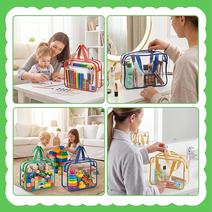 Toy Storage Bags 4 Pack, Clear PVC Toy Organizers, Colorful | Waterproof PVC, Large 30 x 10 x 22 CM Size, Label-Ready, For Toys, Books, Puzzles, Classroom and Travel