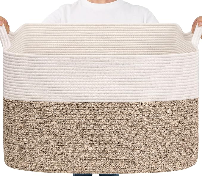Goodpick 105L Extra Large Woven Rope Blanket Basket, White & Light Brown | 25'' x 16'' x 16'' Storage Basket for Blankets, Toys & Pillows, Living Room & Bedroom Organization, Reinforced Handles