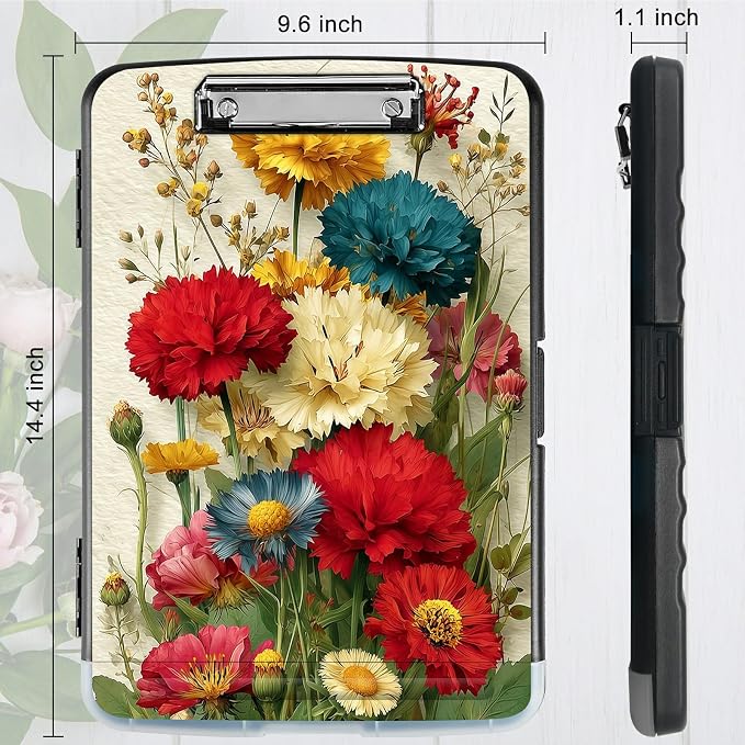 A4 Clipboard with Storage Pen Holder, Clipboards Organizer Nursing Clipboard Foldable File Folder Plastic Clipboard Folio Clip Board for Office Work Classroom Doctor, Pink Yellow Flowers