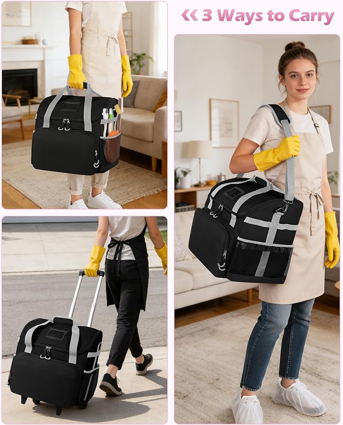 Marscamd Large Rolling Cleaning Caddy Bag with Detachable Trolley, Black | with Detachable Shoulder Strap, Cleaning Bags for Housekeepers on Wheels