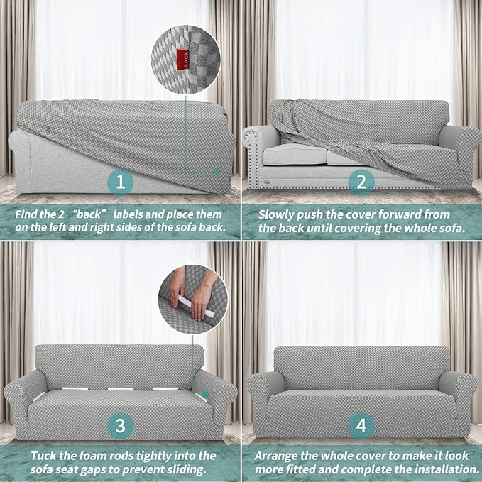 YEMYHOM Couch Cover Latest Jacquard Design High Stretch Sofa Covers for 3 Cushion Couch, Pet Dog Cat Proof Slipcover Non Slip Magic Elastic Furniture Protector (Large, Light Gray Checkered)