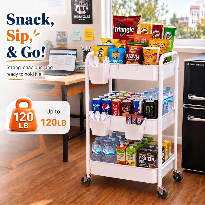 3 Tier Rolling Cart Metal with Wheels, White Three Tiered Craft Cart Organizer on Wheels, Storage Utility Carts for Art, Baby Nursery,Diaper Caddy, Cleaning Supplies, Nail,Lash,Snack,Book,Roller Shelf