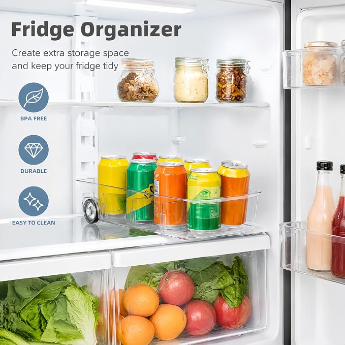 2 Pack Refrigerator Organizer Bin with Wheels, Roll Out Pantry Storage with Dividers, Clear Plastic Refrigerator Drawer, Upgrade Thick Fridge Caddy for Under Sink, Kitchen Organization